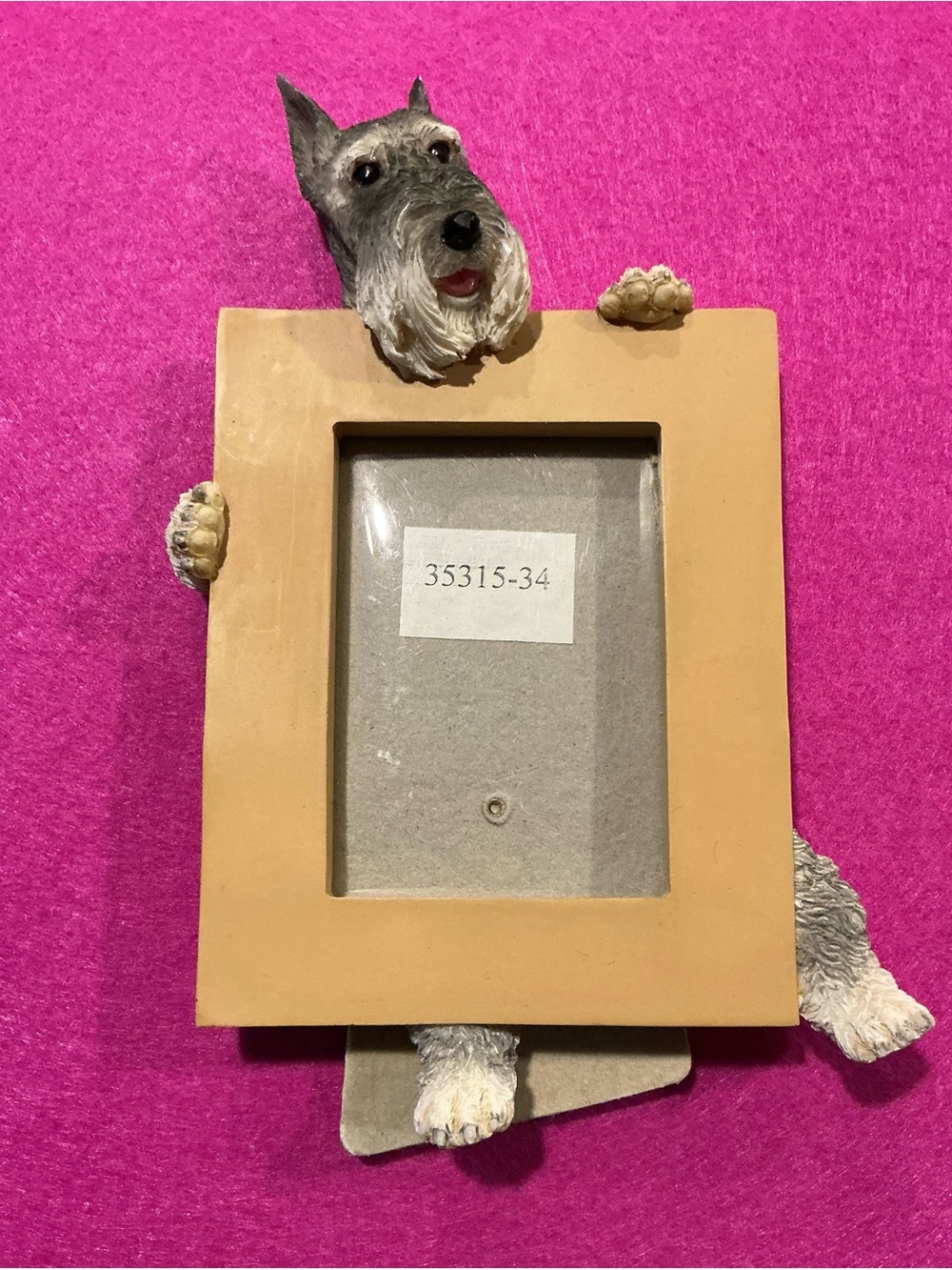 Hand painted resin Schnauzer Dog  &Frame in Tan and Gray